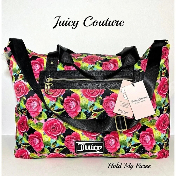 Juicy Couture Black Multi Rose Print Overnight Weekender Duffle Travel Bag - Picture 9 of 12